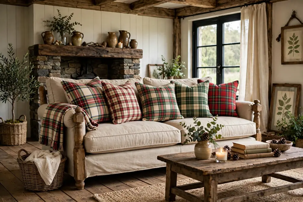 Rustic living room sofa with plaid and checked cushions in red, cream, and green tartan patterns.