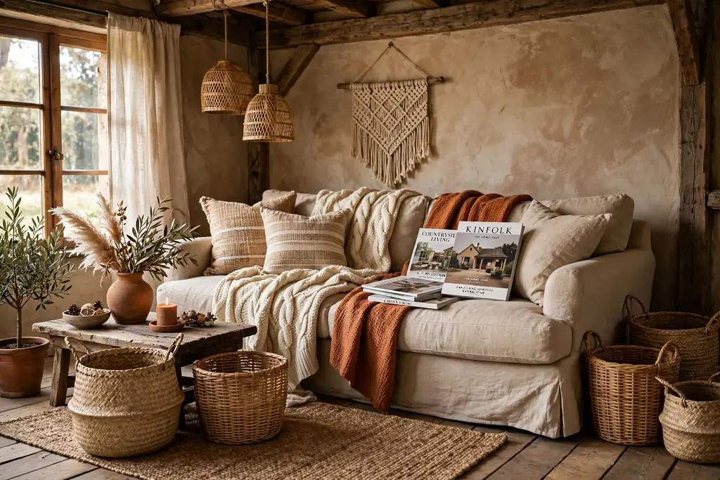 Rustic living room with woven seagrass and rattan baskets beside a sofa holding throws.