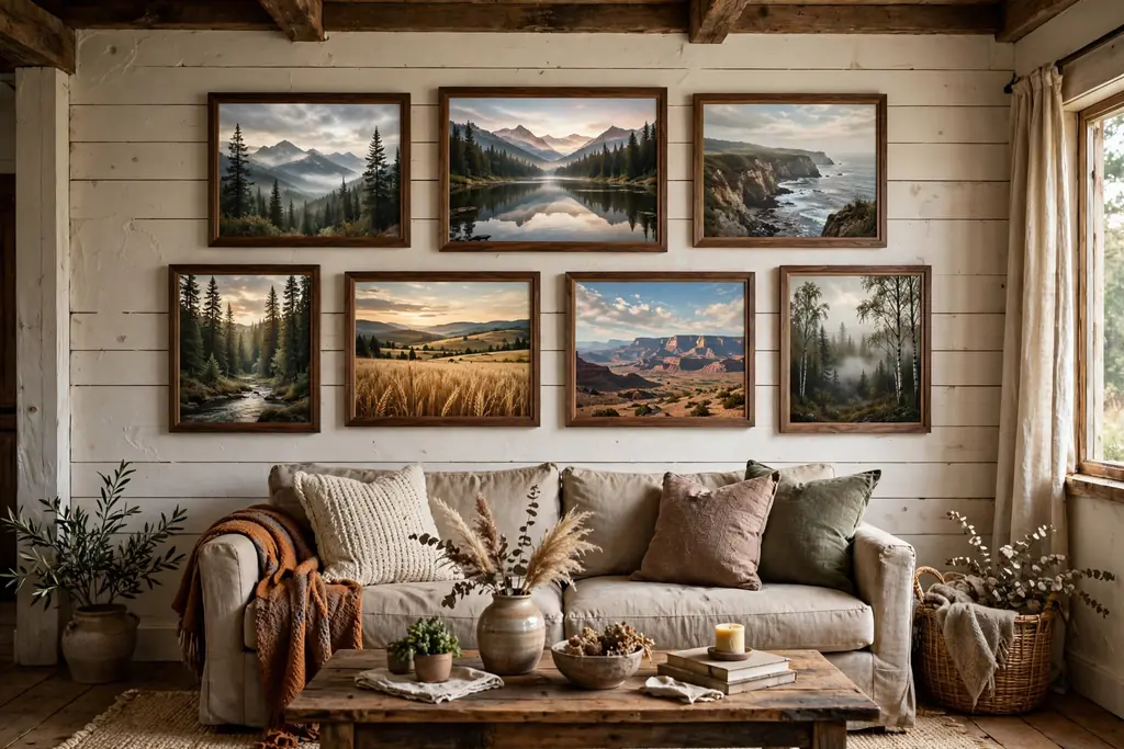 Rustic living room gallery wall of landscape prints in matching dark wood frames above a sofa.