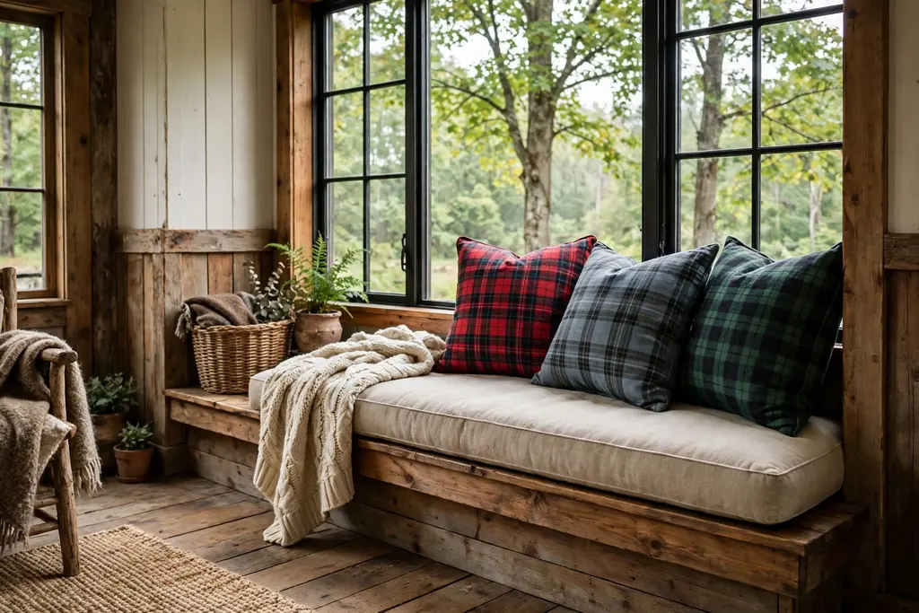Rustic living room window seat with a wooden bench, a thick seat cushion, and plaid pillows.