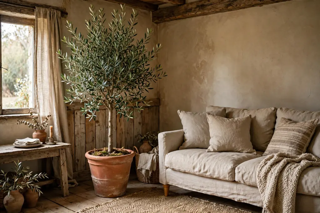 Rustic living room corner with a tall potted olive tree in a large terracotta pot beside a linen sofa.