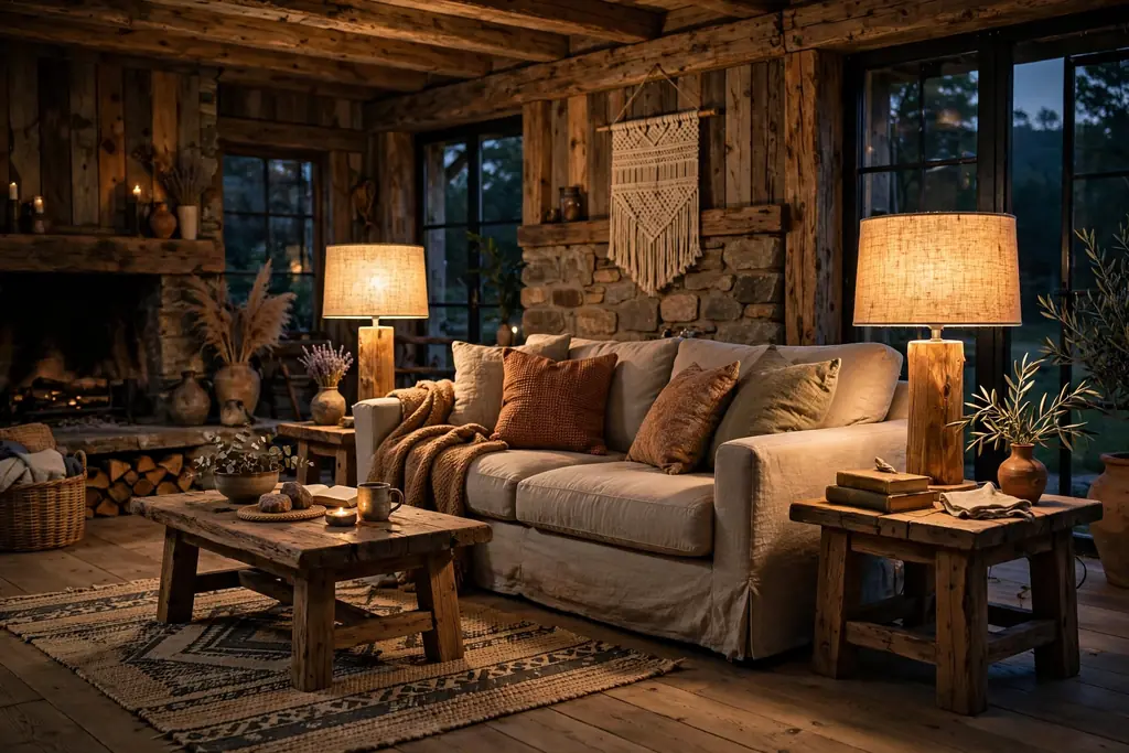 Rustic living room in the evening with wooden base table lamps with linen shades glowing beside a sofa.