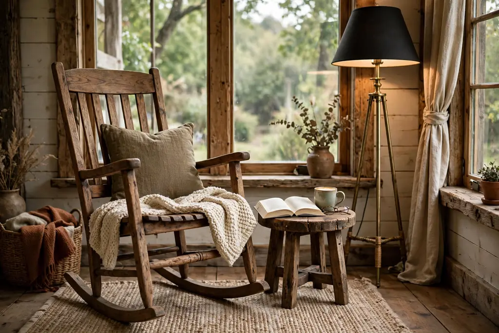 Rustic living room reading nook with a wooden rocking chair, a small side table, and a floor lamp by a window.