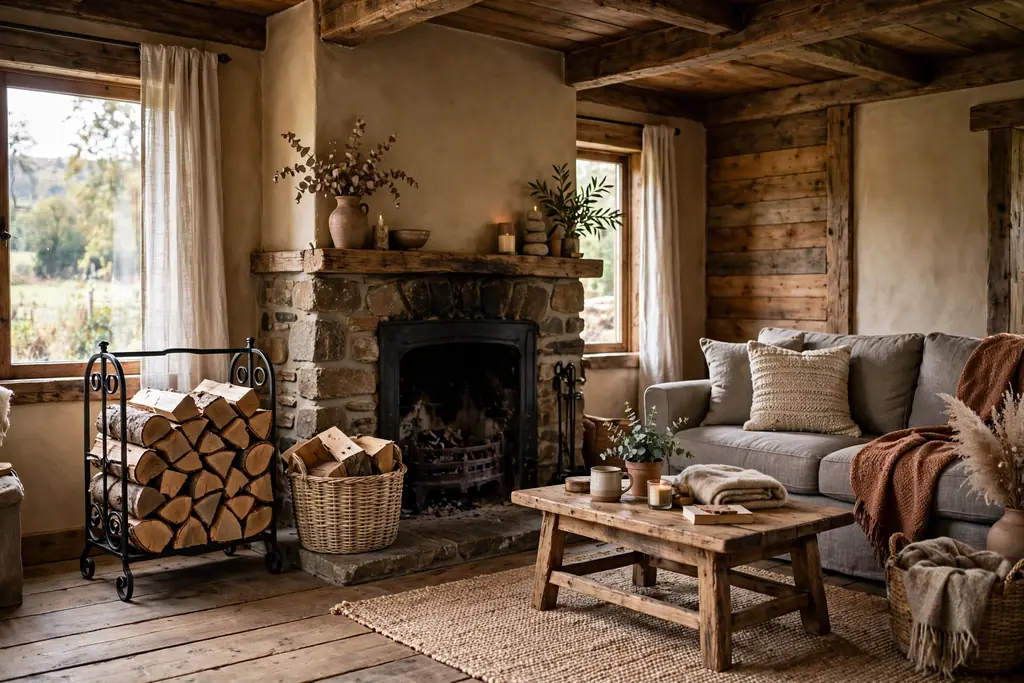 Rustic living room beside a fireplace with neatly stacked firewood in a black iron log holder.