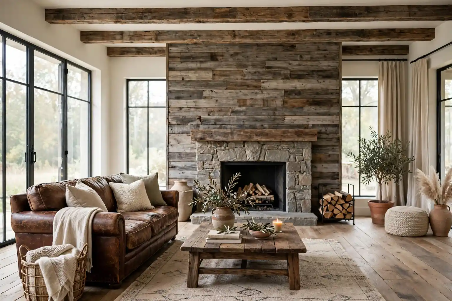 Wide bright rustic living room with a reclaimed wood accent wall, a stone fireplace, a worn leather sofa, and wooden beams.