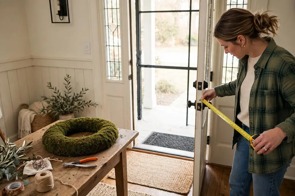 A person measuring a front door space with a tape measure beside a round moss wreath form on a table.