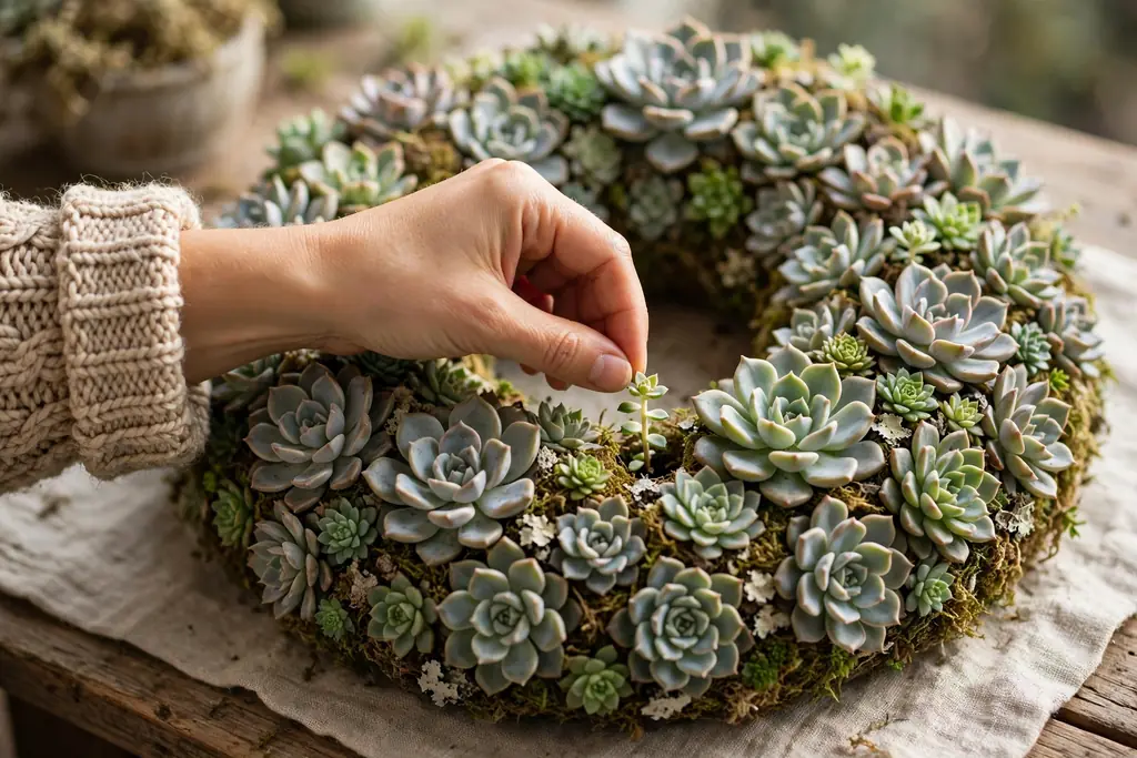 Hands tucking a tiny sedum sprig into a gap between rosettes on a nearly full succulent wreath.