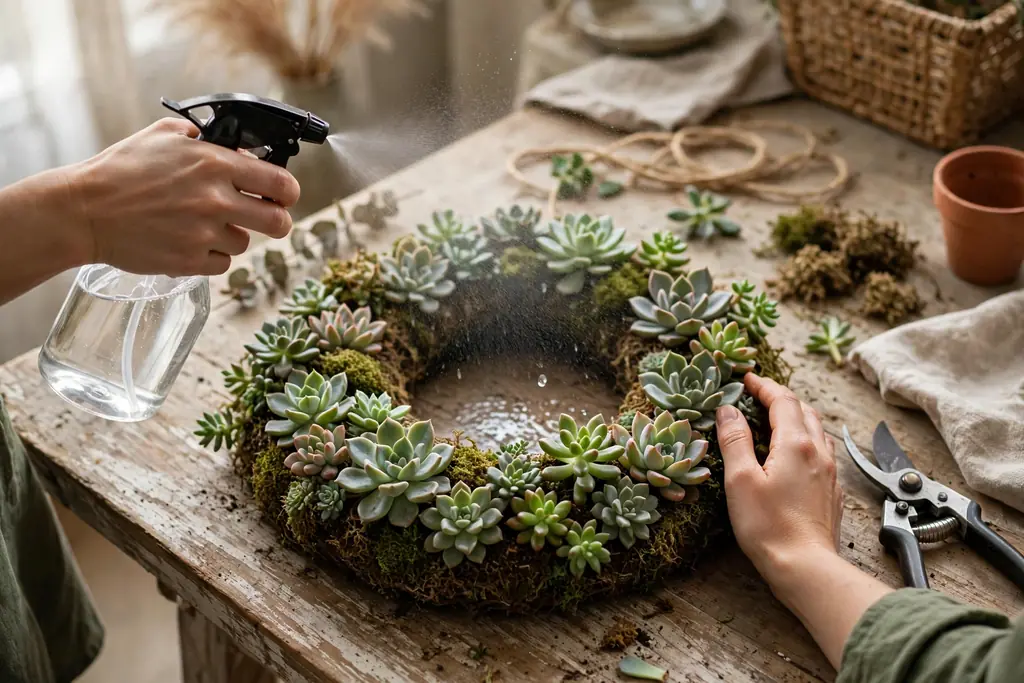 Hands misting a newly planted succulent wreath with a spray bottle while it lies flat on a work table.