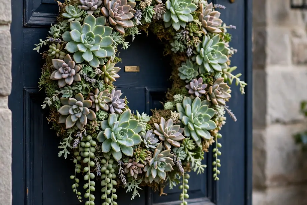 A finished succulent wreath being hung on a front door hook.