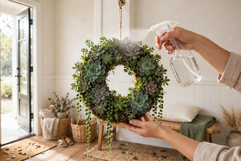 Hands watering a hanging succulent wreath lightly with a spray bottle in a bright entryway.