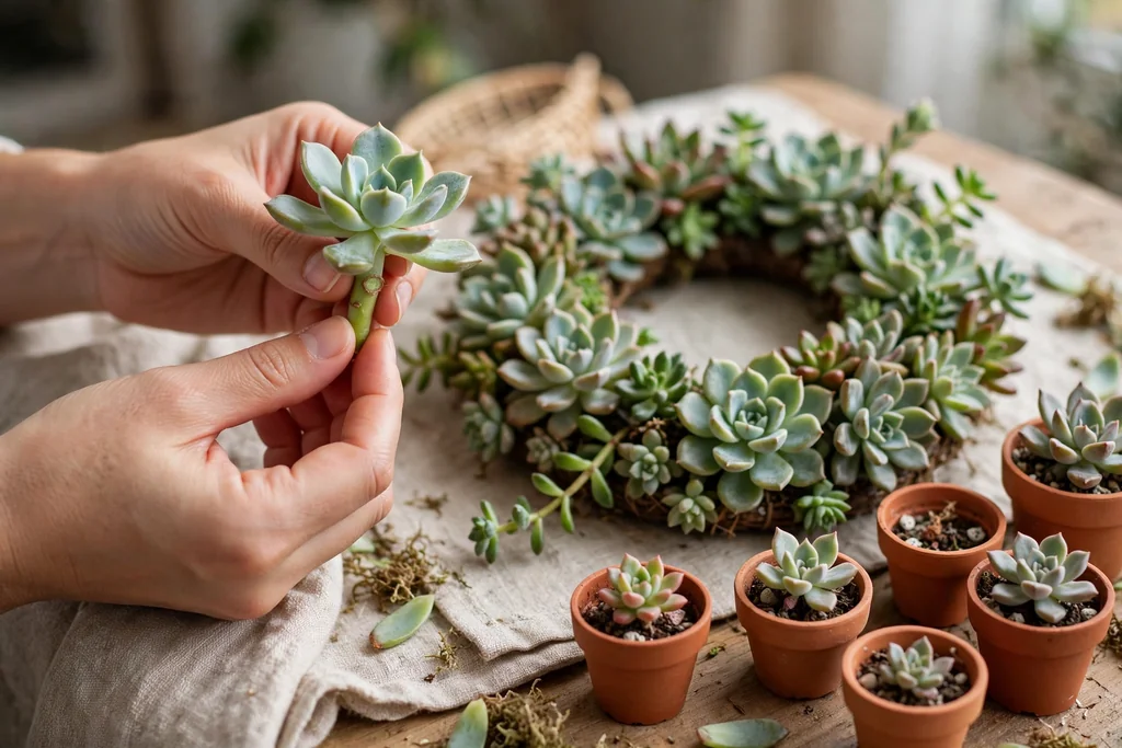 Hands holding a fresh succulent cutting beside a succulent wreath, with small propagated rosettes in pots nearby.