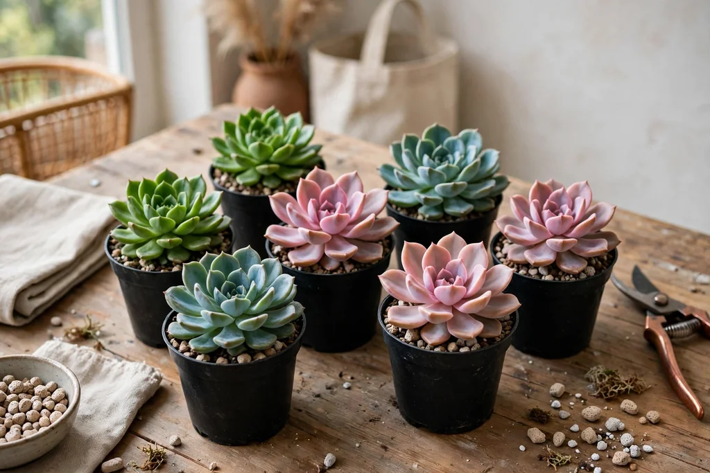 Small rosette succulents in green, pink, and blue-green arranged in nursery pots on a work table.