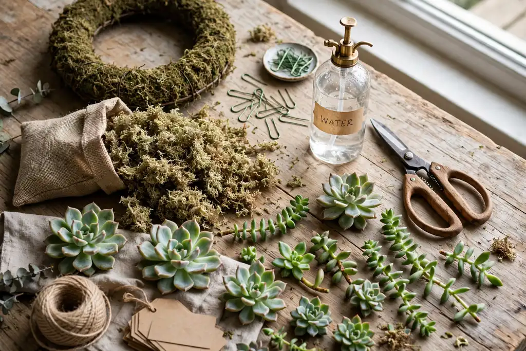 Succulent wreath supplies laid out on a work table: moss form, sphagnum moss, floral pins, spray bottle, scissors, and cuttings.