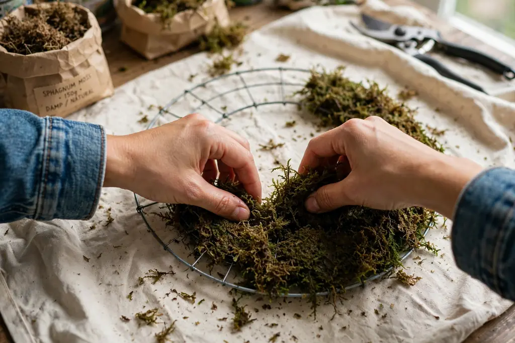 Hands packing damp sphagnum moss into a wire wreath frame on a drop cloth.