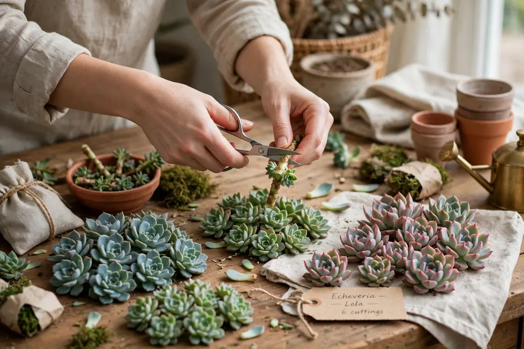 Hands trimming succulent cuttings with scissors over a work table, with sorted piles of rosettes nearby.