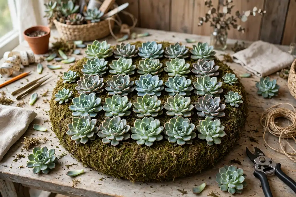 Loose succulent rosettes arranged in a test pattern on top of a round moss wreath form.
