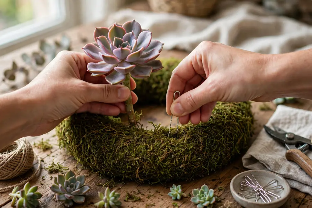 Hands pinning a rosette succulent into the outer ring of a moss wreath form with a floral pin.