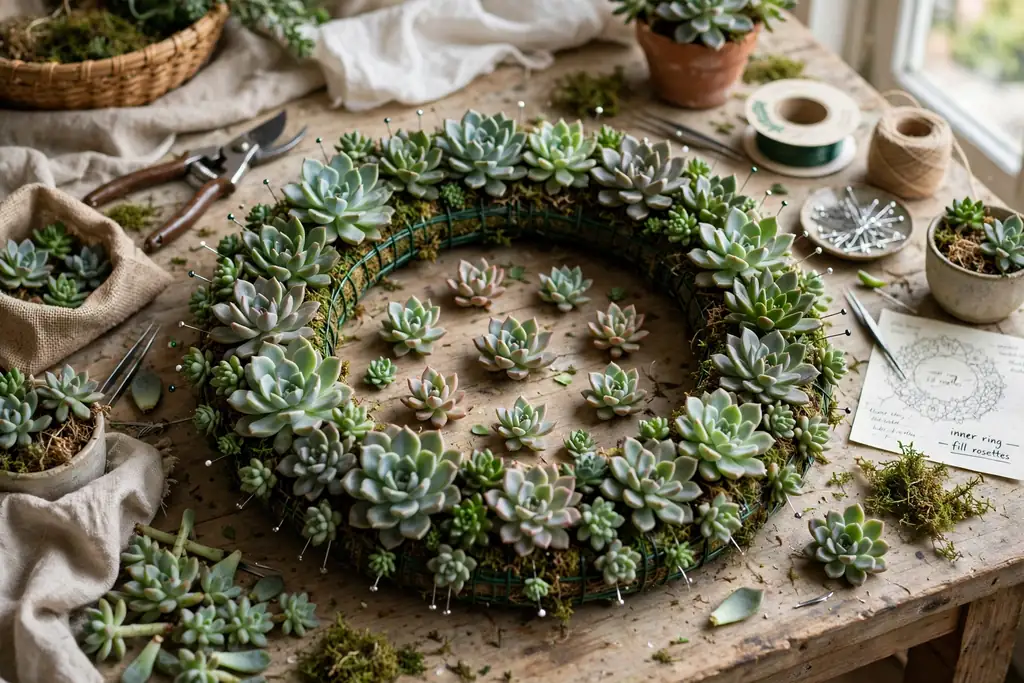 A half finished succulent wreath with the outer ring pinned and the inner ring being filled with small rosettes.