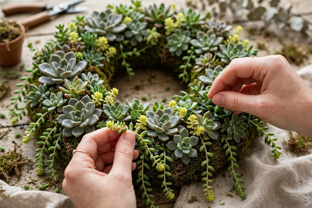 Hands pinning trailing sedum strands around the outer edge of a full succulent wreath.