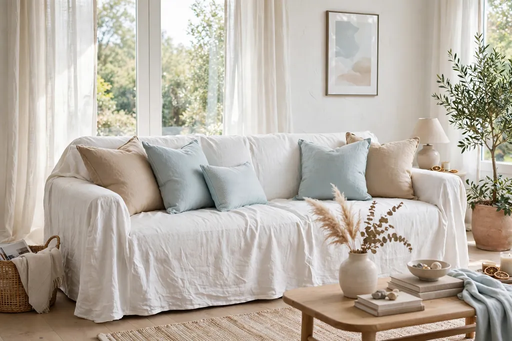 Sofa covered in a white linen slipcover with sand and pale blue cushions in a bright living room.