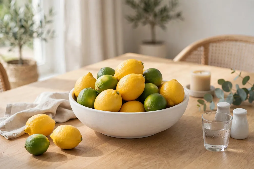 Shallow white bowl filled with lemons and limes in the center of a dining table.