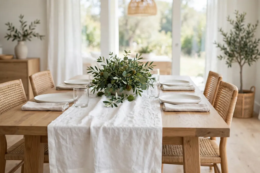 Dining table with a white linen runner, plain plates, and a low green centerpiece.
