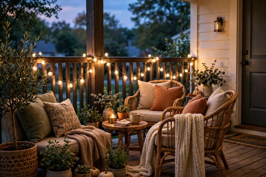 Warm white string lights hung along a porch rail in the early evening.