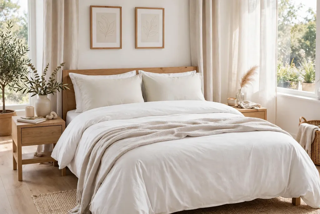 Bedroom with crisp white cotton bedding, pale pillows, and a light throw at the foot of the bed.