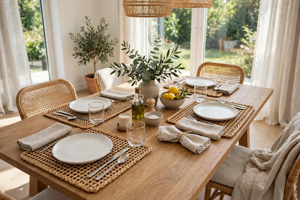 Dining table set with woven straw placemats, plain plates, and linen napkins.