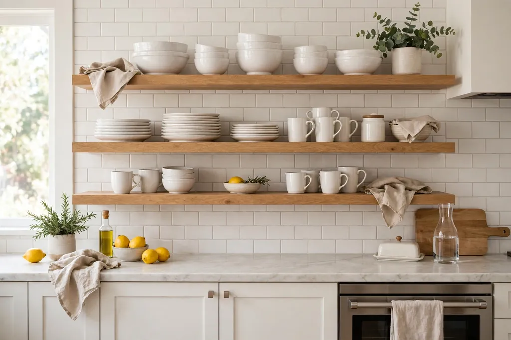 Open kitchen shelves styled with white ceramic bowls, plates, and mugs.