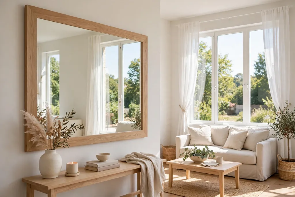 Large mirror with a light wood frame on a wall opposite a bright window.