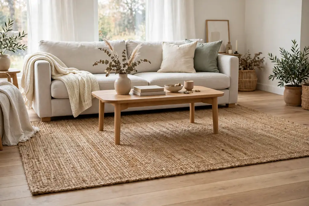 Flatweave jute rug over a bare wood floor under a light sofa and coffee table.