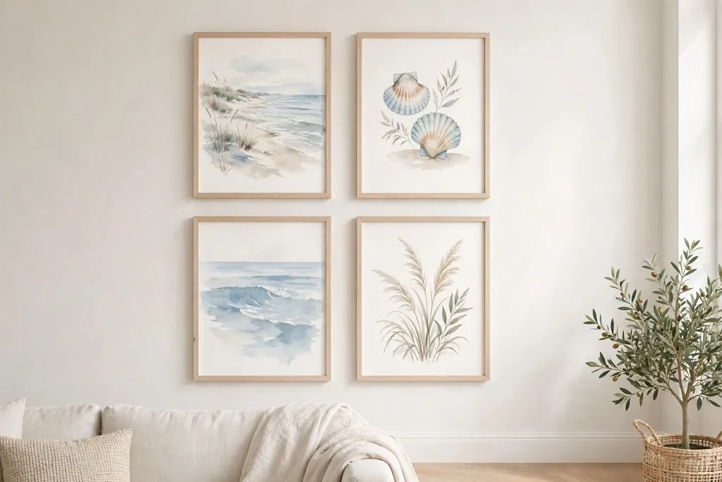 Light coastal prints in pale wood frames hung as a small gallery wall.