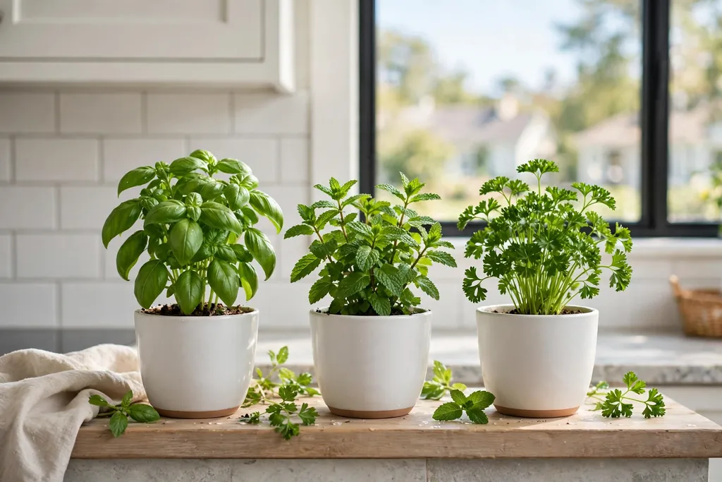 Potted basil, mint, and parsley in white pots on a bright kitchen windowsill.