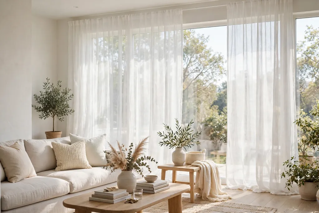Sheer white curtains filtering daylight at a large living room window.