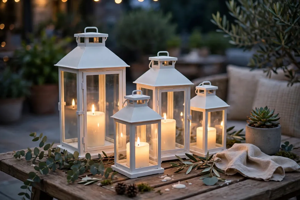 White lanterns with battery candles grouped on a patio table in the evening.