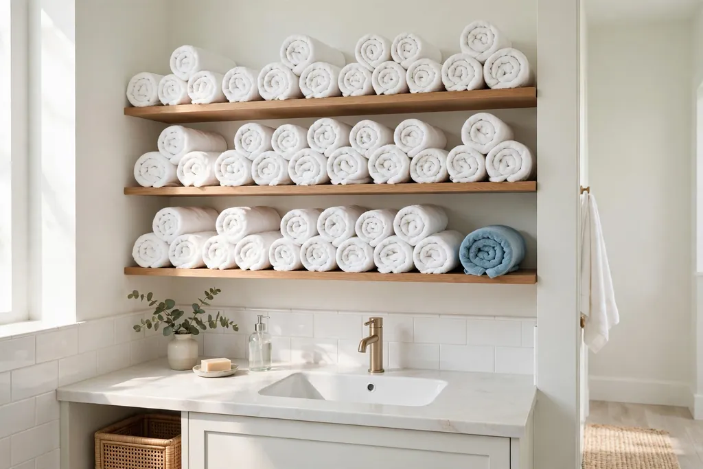 Bright bathroom with rolled white towels and one sea blue towel on open shelves.