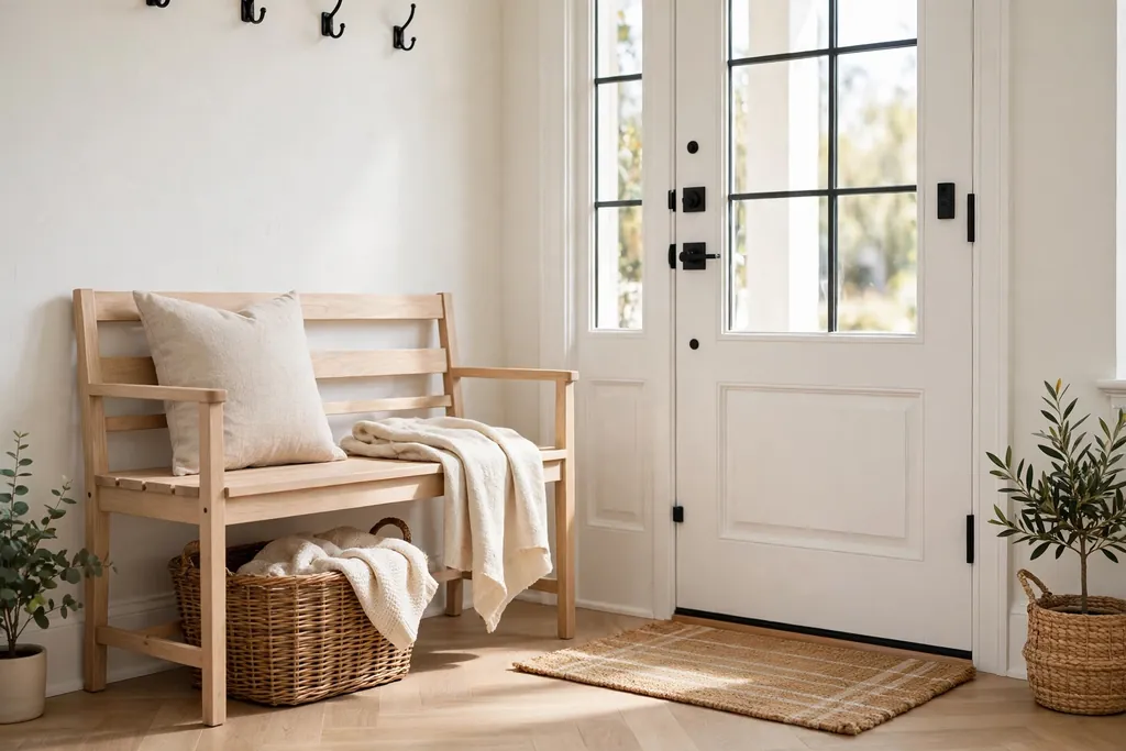 Light wood entry bench with a woven basket underneath beside a front door.