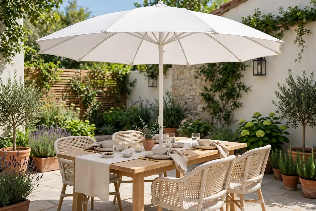White patio umbrella shading an outdoor dining table with light chairs.