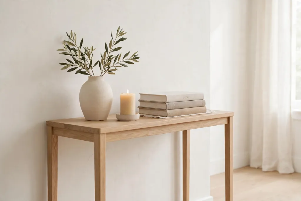 Console table styled with one simple vignette of a vase, a candle, and stacked books.