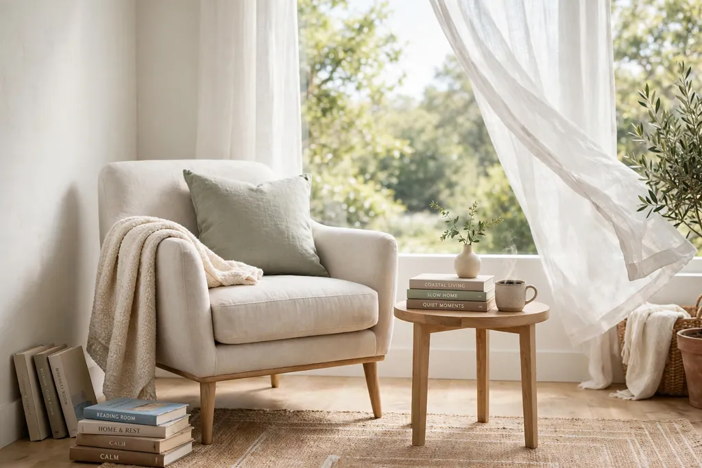 Breezy reading nook with a light armchair, small side table, and books beside a bright window.