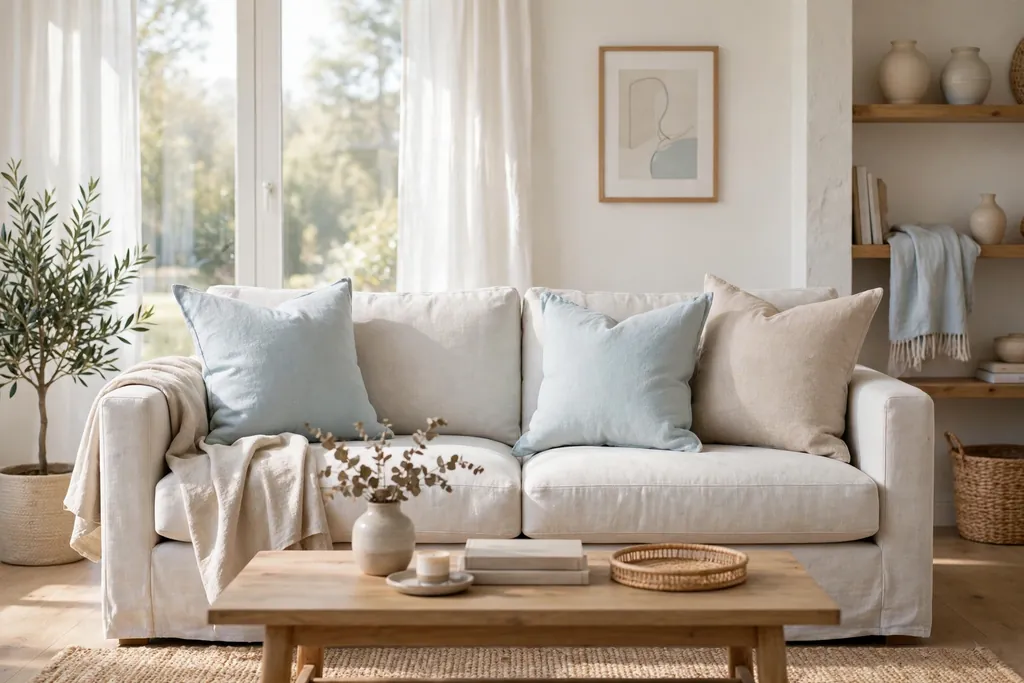 Light sofa styled with pale blue and sand throw pillows in linen and cotton.