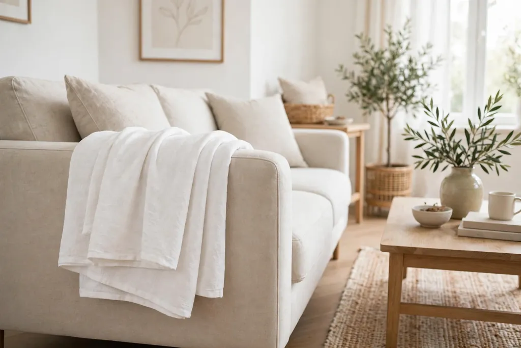 Lightweight white cotton throw folded over the arm of a light sofa.