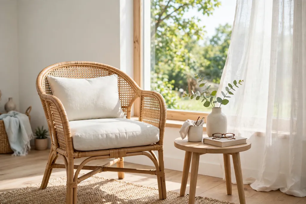 Rattan accent chair with a pale cushion beside a bright window and a small side table.