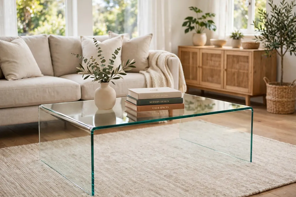 Clear glass coffee table with a small vase and books on a light rug in a living room.