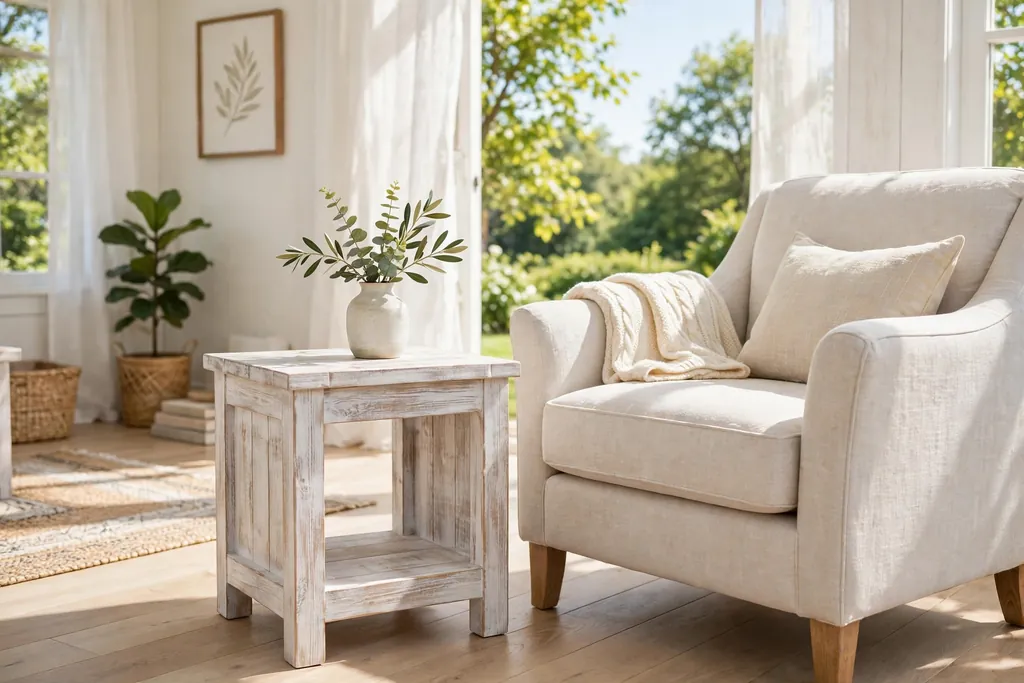 Whitewashed wood side table beside a light armchair with a small vase.