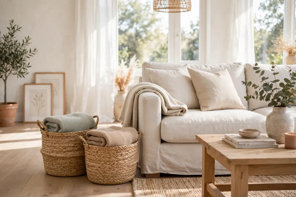 Seagrass baskets holding folded throws beside a light sofa.
