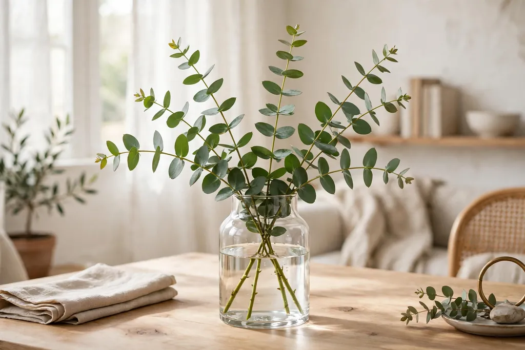 Fresh green eucalyptus stems in a clear glass vase on a light wood table.