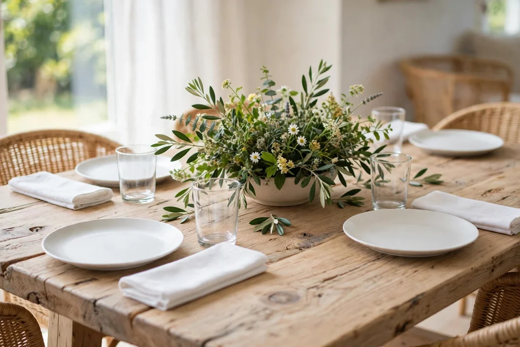 Bare wood dining table with white plates, clear glasses, and folded white linen napkins.