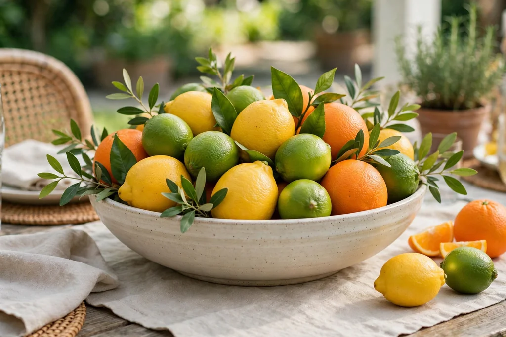 Wide shallow bowl filled with lemons, limes, and oranges with green leaves as a centerpiece on a summer dining table.
